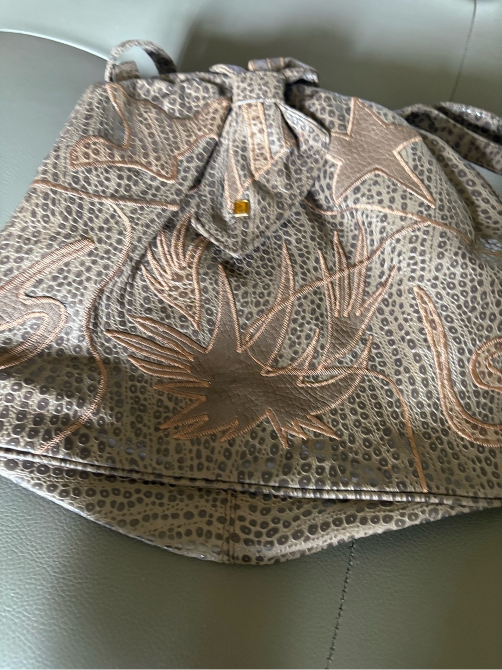 Embroidered Taupe Crossbody Bag with Star & Floral Accents